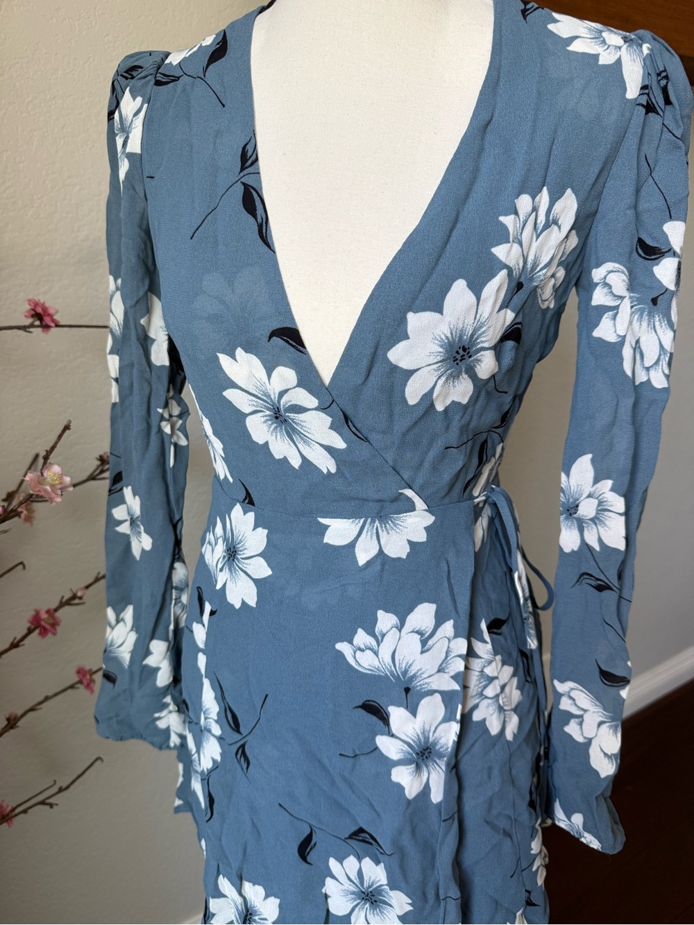 Reformation Floral Wrap Mini Dress in Slate Blue - Picture 5 of 6